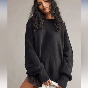 Free People Black Oversized Crew Neck Sweater